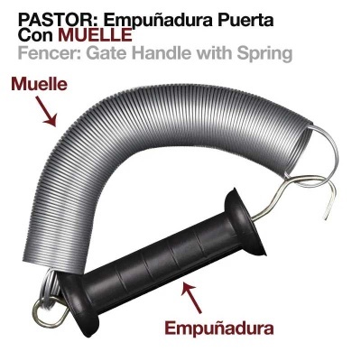 Empunhadura preta com mola prateada para porta de cerca com texto explicativo