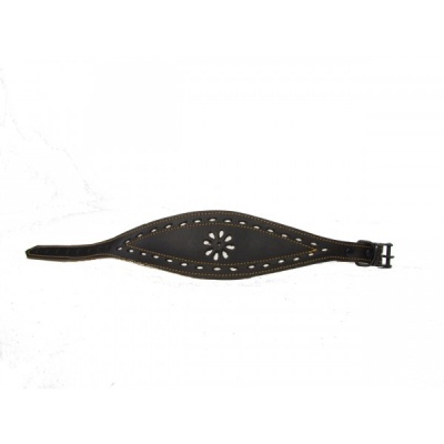 Pulseira preta em pele com detalhe floral e costuras bege