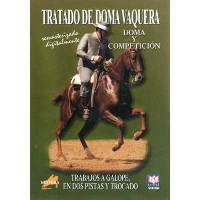 Capa de livro com homem em cavalo castanho, texto 'TRATADO DE DOMA VAQUERA' e outros detalhes