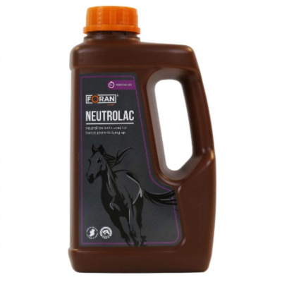 Frasco plástico castanho Foran Neutrolac com tampa laranja e etiqueta com cavalo