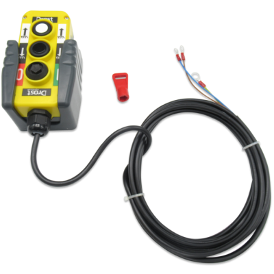 Comando industrial amarelo com botões e cabo elétrico