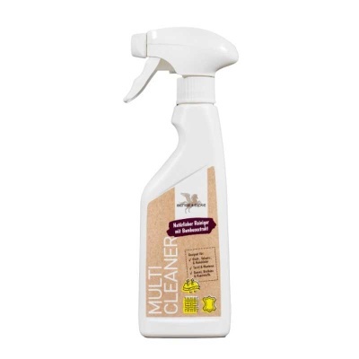 Frasco spray branco de limpador multiuso com etiqueta castanha clara e texto