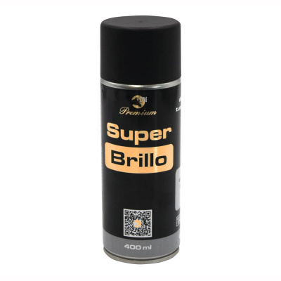 Spray preto com rótulo Super Brillo e tampa preta