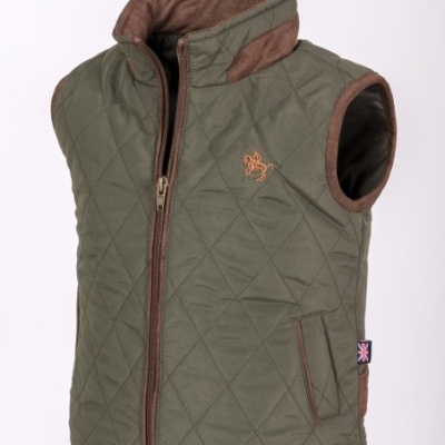 Colete acolchoado verde com fecho frontal e detalhes castanhos