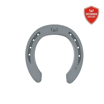 Ferradura cinza com logótipo e escudo vermelho WERKMAN HOOFCARE