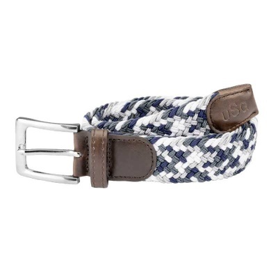 Cinto trançado azul, branco e cinzento com detalhes em couro castanho e fivela metálica prateada