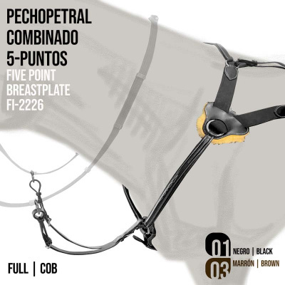 Pechopetral combinado 5-puntos em couro preto com acolchoamento bege e texto informativo