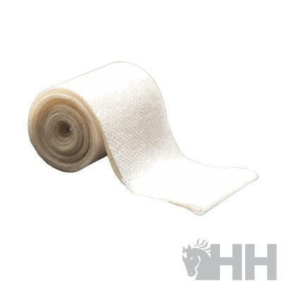 Rolo de bandagem elástica branca desenrolada com textura e marca de água HH e cavalo