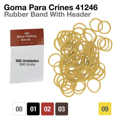 Pacote de 500 gomas para crinas amarelas com embalagem e cabeçalho vermelho