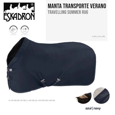 Manta transporte azul navy para cavalos Eskadron com fivelas e texto de descrição ao fundo branco