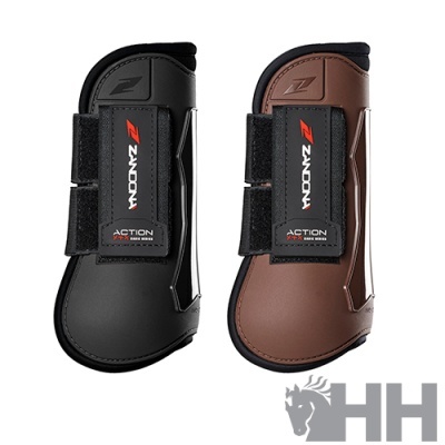 Proteções para cavalos em preto e castanho com fechos de velcro e etiquetas ZANDONA ACTION.