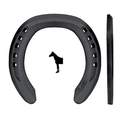 Ferro de ferradura preto com número 24 e figura de cavalo