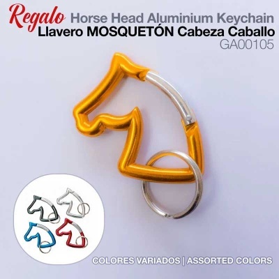 Chaveiro em alumínio forma cabeça de cavalo dourado com argola prateada sobre fundo branco