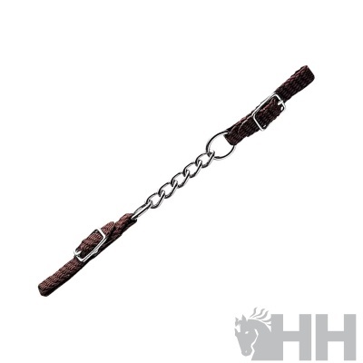 Cabo de reforço em têxtil castanho com corrente metálica prateada