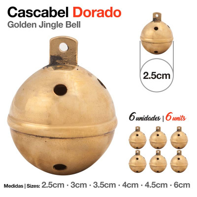 Cascavel dourado em metal de 2,5 cm com várias unidades e texto em fundo branco