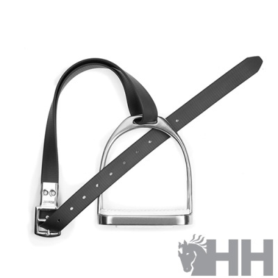Estribo metálico prateado com correia preta ajustável para equitação