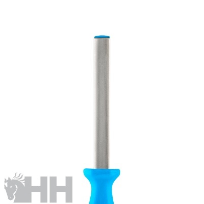 Lima cilíndrica com cabo azul e corpo metálico abrasivo