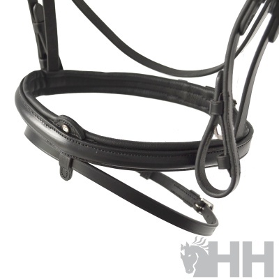 Freio de equitação em couro preto acolchoado com tiras ajustáveis e fivela