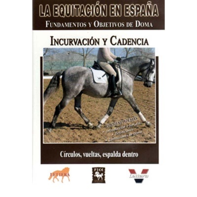 Capa de livro com cavalo cinza montado e título sobre equitação em Espanha