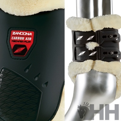 Protector de equitação preto com interior felpudo creme e fechos de velcro pretos