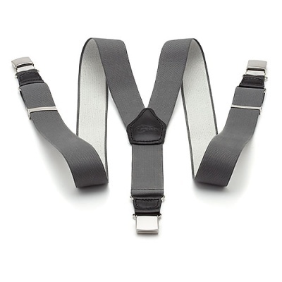 Suspensórios cinzentos com fivelas metálicas e peça de couro preto