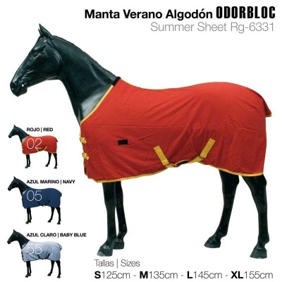 Manta de verão para cavalo em algodão vermelho com detalhes amarelos, com opções em azul marinho e azul claro e tamanhos diversos