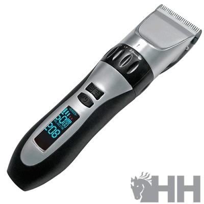 Máquina de cortar cabelo preto e prateado com ecrã digital azul e lâmina metálica