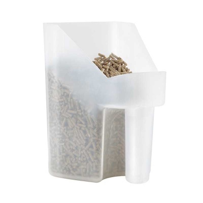 Recipiente de plástico fosco com bico aplicador e grânulos castanhos no interior