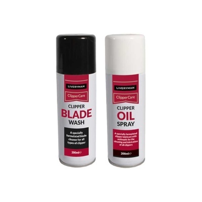 Dois frascos de spray metálicos LIVERYMAN para cuidado de lâminas de máquina de cortar cabelo.