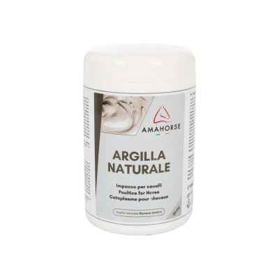 Frasco branco de Argilla Naturale AmaHorse para cavalos com rótulo cinza e imagem de argila.