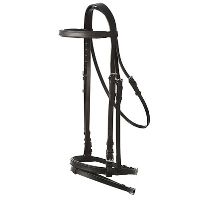 Freio de cavalo em couro preto com fivelas metálicas