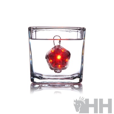 Objeto metálico pentágono com LEDs vermelhos dentro de copo de vidro transparente cheio de água