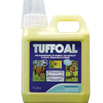 Frasco amarelo TUFFOAL 1 litro com tampa branca e rótulo azul para cavalos