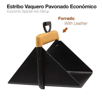 Estribo de ferro preto com revestimento em pele castanha sobre fundo branco e texto descritivo.
