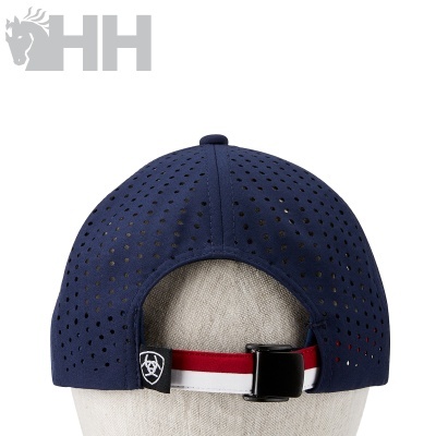 Boné azul escuro perfurado com tira ajustável tricolor e fecho preto