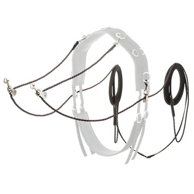 Arnês branco com correias castanhas e anzóis de metal