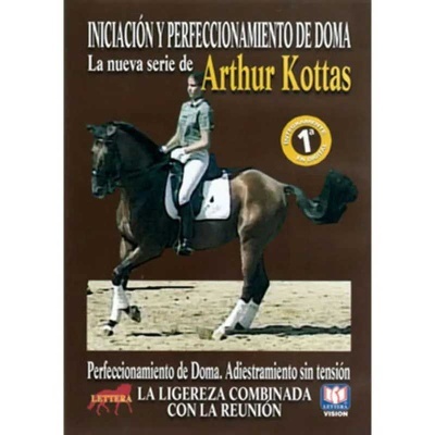 Livro sobre doma com cavalo castanho e cavaleiro em uniforme cinza e branco