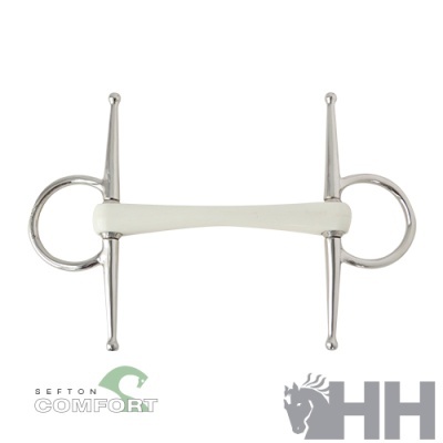 Freio de metal com mordida cerâmica branca e argolas de metal prateado