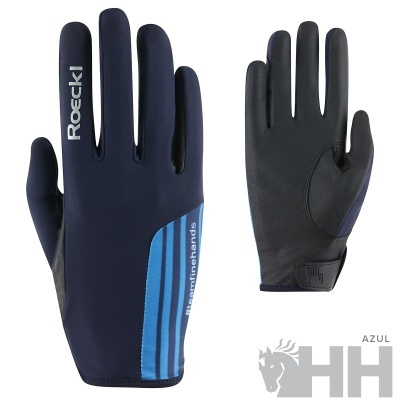 Par de luvas desportivas azuis e pretas com textos e riscas azuis