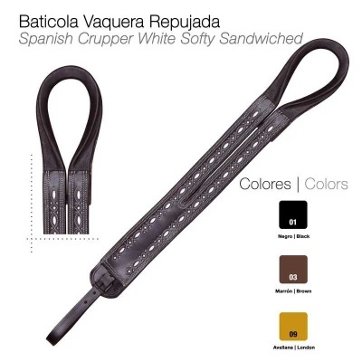 Correia para baticola em couro repuxado com padrões decorativos e várias cores