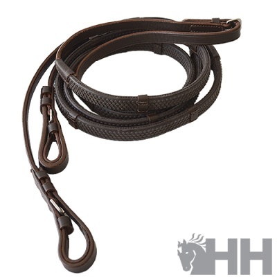 Rédeas de couro castanho escuro com textura trançada