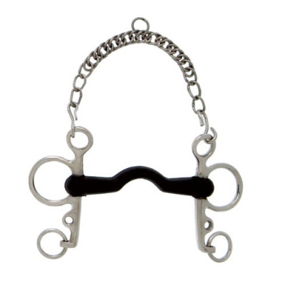 Freio metálico prateado com peça central preta e corrente