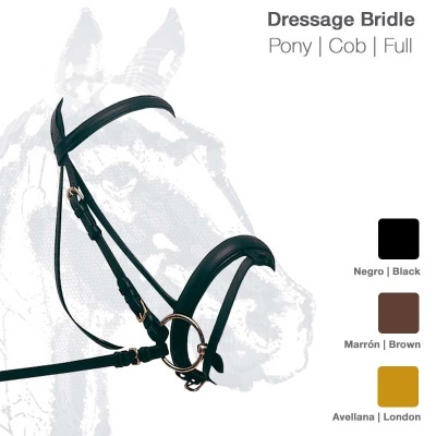 Brida de adestramento preta para cavalo com texto e opções de cor