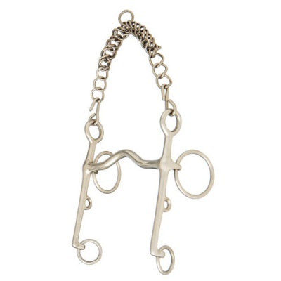 Freio de metal prateado com corrente e argolas sobre fundo branco