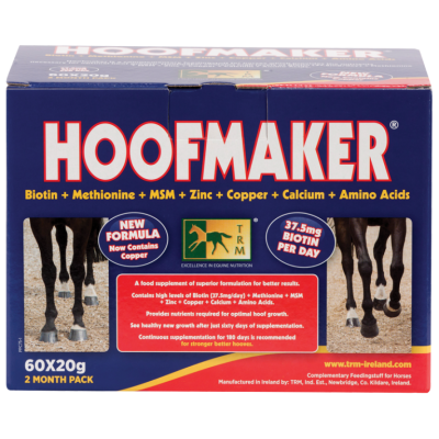 Empaque azul de suplemento HOOFMAKER para caballos con texto y imagen de piernas de caballo