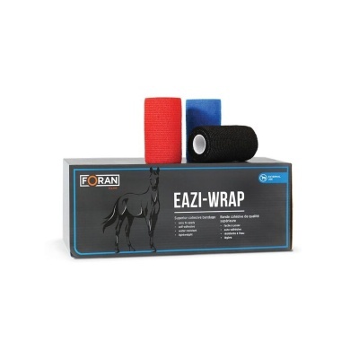 Bandagens elásticas coloridas EAZI-WRAP da marca FORAN em caixa preta com imagem de cavalo