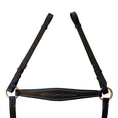 Cabeçada para cavalo em couro preto com costuras brancas e argolas douradas