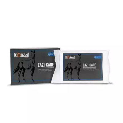 Embalagem preta e saco branco do produto EAZI-CARE da FORAN com desenho de cavalo