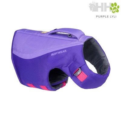 Colete de proteção para cão roxo com detalhes vermelhos e pega superior
