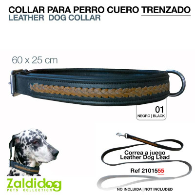 Coleira para cão em couro preto trançado com detalhes castanhos e fivela metálica